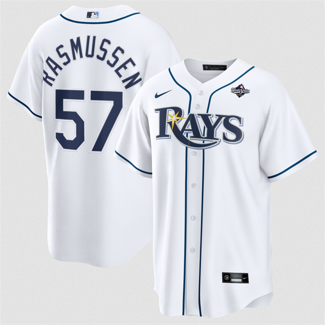 Men's White Tampa Bay Rays #57 Drew Rasmussen 2026 World Series Home Cool Base Stitched Baseball Jersey